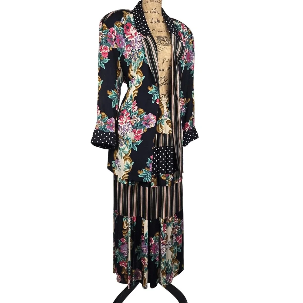Gorgeous Vintage Carole Little Floral Mixed Print Set Blazer 10 Maxi Skirt 8 - Picture 2 of 16